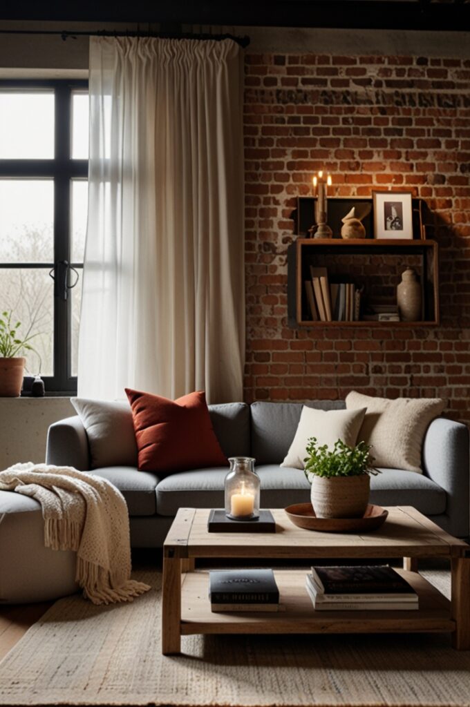 cozy living room featuring a red brick feature wall with natural, uneven texture and rich variations in tone, ranging from deep rust to soft terracotta. The brick wall serves as the backdrop for a light gray linen sofa with clean lines, layered with soft beige and cream throw pillows and a folded knit blanket draped over the armrest. In front of the sofa sits a rustic reclaimed wood coffee table with a weathered finish, holding a ceramic bowl, a stack of neutral-toned books, and a small potted plant. The floor is wide-plank natural oak wood with a woven jute rug anchoring the seating area. A tall black metal floor lamp with a fabric shade stands in the corner, casting warm ambient light onto the brick. One wall features large industrial-style windows with black metal frames and sheer white curtains that filter in soft daylight. The space feels earthy, warm, and grounded with a subtle industrial charm.