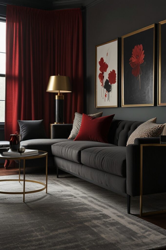 sophisticated living room combining crimson and charcoal tones. One wall features a smooth charcoal gray matte finish, creating a moody backdrop for the space. The adjacent accent wall is painted deep crimson with a velvety texture that subtly reflects light. A charcoal velvet sofa with clean lines sits centered in the room, adorned with plush crimson throw pillows in varying fabrics including silk and velvet. Floor-length crimson curtains with a slight sheen frame tall windows, contrasting sharply against the gray walls. Beneath the seating area lies a large area rug featuring a geometric pattern in crimson, charcoal, and soft gray. A sleek black coffee table with a glass top holds a stack of art books and a small silver tray with candles. The floor is polished dark hardwood that complements the rich color palette. On one side, a charcoal leather armchair with brass legs faces a minimalist black metal floor lamp with a cylindrical shade. The space is illuminated by soft recessed lighting and a contemporary chandelier with smoky glass elements, balancing dramatic depth with elegant warmth.