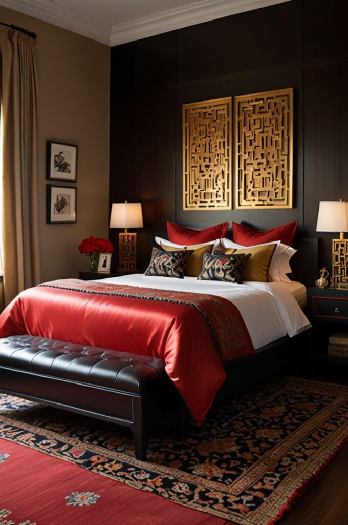oriental-inspired bedroom featuring deep red walls with a smooth satin finish that sets a rich, calming tone. A black lacquer platform bed with clean lines sits at the center, dressed in red silk bedding with subtle gold embroidery and matching silk pillows. On each side of the bed are black lacquer nightstands with gold handles, topped with traditional red and gold paper lantern lamps that emit a soft, warm glow. Behind the bed, an intricately carved wooden screen in dark wood with floral motifs serves as a decorative headboard. The floor is dark stained hardwood with a woven red and gold silk area rug beneath the bed. A low wooden bench at the foot of the bed holds a folded red silk robe and a small tray with a ceramic teapot and cups. In the corner, a tall bamboo plant adds a touch of greenery. A round gold-framed mirror hangs on one wall above a small black vanity with a cushioned stool. The space is serene, luxurious, and deeply inspired by traditional Asian design elements.