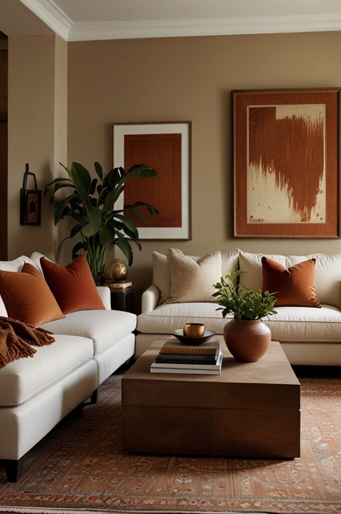 living room with creamy matte walls creating a warm, inviting foundation. A cream upholstered sofa features deep cushions and is accented with rich rust velvet pillows that add vibrant warmth. Draped over one arm of the sofa is a clay-colored wool throw blanket with a soft, textured weave. Beneath the seating area lies an area rug patterned with terracotta and cream geometric motifs, grounding the space in earthy tones. Furniture includes a dark wood coffee table with a smooth, polished surface and leather-bound books stacked neatly atop. Ambient lighting is provided by brass fixtures with warm-toned bulbs— a slender floor lamp with a curved arm and matching brass sconces mounted on the walls—casting a cozy golden glow. Terracotta pottery pieces and leafy plants in rustic clay pots are arranged on side tables, amplifying the natural, earthy feel. The overall atmosphere is rooted, cozy, and timeless, perfect for seasonal comfort and year-round warmth.