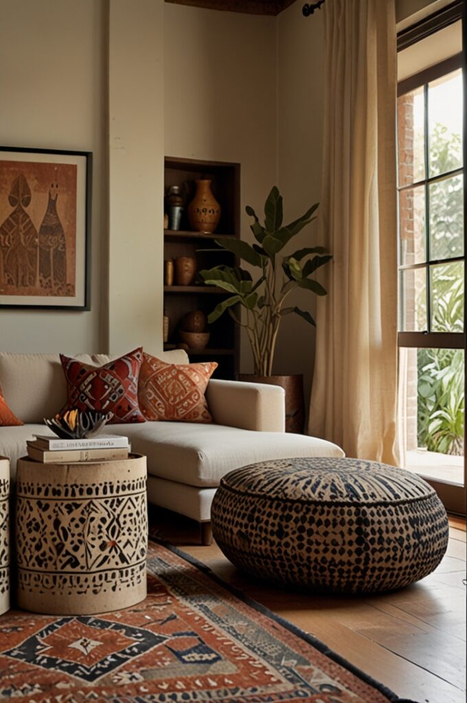 living room with smooth cream-colored walls and a matching cream linen sofa that serve as a neutral canvas for an eclectic mix of global design elements. A Moroccan leather pouf in rich tan sits near the sofa, while African mud cloth pillows in black and cream geometric patterns are arranged alongside colorful Indian block-print cushions. A Turkish kilim rug with intricate red, ochre, and navy patterns covers the floor, bringing warmth and texture. Draped over the back of the sofa is a handwoven Indian block-print throw in soft earthy tones. Wooden carvings from Southeast Asia are displayed on floating shelves, paired with woven baskets in natural fibers placed on the floor and under a simple cream console table. A rustic coffee table made of reclaimed wood holds a small curated collection of travel mementos—ceramic bowls, tribal masks, and hand-painted boxes. Sunlight streams through sheer off-white curtains, casting a gentle glow that enhances the layered, artisanal feel of the space. The overall effect is serene, soulful, and globally inspired.