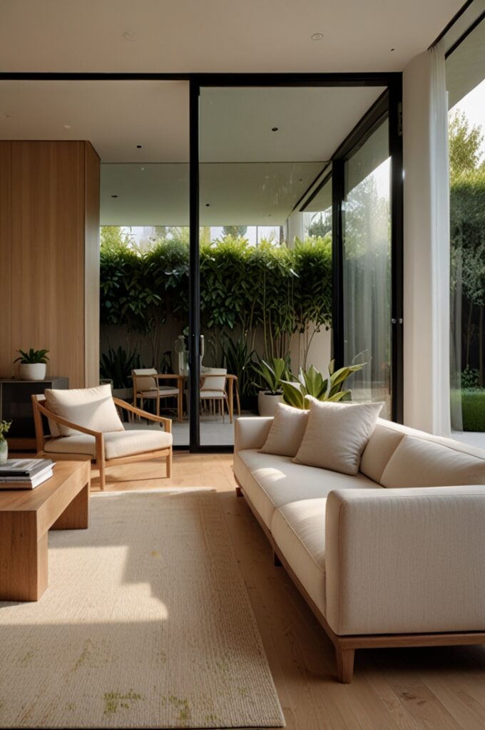 living room featuring soft cream-colored walls with a smooth matte finish that reflect abundant natural light. The seating area includes a cream linen sofa with clean lines and plush cushions positioned to face large floor-to-ceiling glass doors framed in light natural wood with visible grain texture. These expansive French-style glass doors open to a lush outdoor garden, seamlessly connecting indoor and outdoor spaces. Sheer cream curtains hang gracefully on either side of the doors, gently diffusing sunlight and adding softness to the room. Underfoot, a light textured rug in natural fibers covers the pale hardwood floor, enhancing warmth and comfort. Minimalist wooden side tables and a few subtle green plants in ceramic pots complement the airy palette. The overall atmosphere is bright, open, and inviting, capturing the essence of seamless indoor-outdoor living with elegant cream tones and architectural glass details.