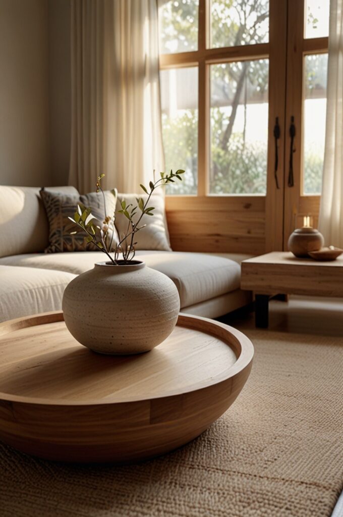 living room styled in soft modern Japandi design. The space features smooth cream-colored walls and a low-profile cream sofa with clean, structured lines and firm cushions placed directly on a pale wood platform base. A light oak coffee table with rounded edges sits on a flatwoven neutral rug with subtle texture. In the corner, a single floor cushion in muted cream rests beside a slender bonsai tree in a minimalist clay pot. Overhead, a woven bamboo pendant light with a soft glow casts gentle shadows, while a second light source, a paper lantern floor lamp, adds warmth. Decor is minimal and intentional—a sculptural ceramic bowl in matte white centered on the coffee table and a solitary tall ceramic vase on a floating shelf. Natural materials such as wood, linen, and bamboo are present in every detail, enhancing the atmosphere of calm and balance. The overall room feels serene, airy, and meditative, capturing the essence of Japandi’s refined simplicity and grounded comfort.