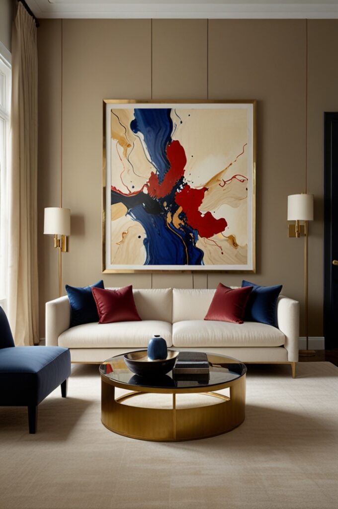living room with smooth creamy walls serving as a serene, neutral backdrop for bold, large-scale artwork. A simple cream sectional with clean, low-profile lines sits centrally against the main wall. Above it hangs a dramatic abstract painting, vibrant and expressive, in shades of deep red, cobalt blue, black, and gold, framed in a thin black border. In front of the sofa stands a sleek glass-top coffee table with a minimalist chrome frame, reflecting subtle tones from the surrounding space. The decor is intentionally minimal, with a single black floor lamp featuring a sculptural base, and a pair of gold accent bowls on a low console along the side wall. A soft beige rug with a fine texture covers the hardwood floor, grounding the seating area without distracting from the artwork. Natural light enters from large windows with sheer cream curtains, creating a soft glow that enhances the gallery-like atmosphere of the room.