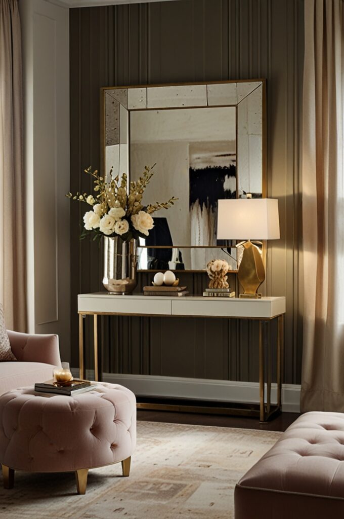 living room featuring a soft cream color palette enriched with elegant metallic accents. The walls are painted in a smooth matte cream, providing a serene backdrop for the central seating arrangement. A plush cream sofa with gently rounded arms and linen upholstery sits atop a pale woven rug, flanked by a pair of sculptural side tables in brushed brass with slender legs and round marble tops.

Above the seating area, a geometric chandelier in antique silver hangs gracefully, its angular design catching the ambient light. A large rectangular mirror with a rose gold frame is mounted above a minimalist console table, reflecting both light and space to enhance the room’s openness. Accents such as hammered-metal vases in varying heights sit atop the console and coffee table, while a rose gold floor lamp with an arched neck and domed shade provides additional ambient glow.

The floor is finished in warm-toned wood, adding natural grounding to the metallic sheen. Every detail—from the soft folds of the cream curtains to the subtle shimmer of each metallic surface—is curated for balance, creating a sophisticated yet calming atmosphere where understated luxury shines through.