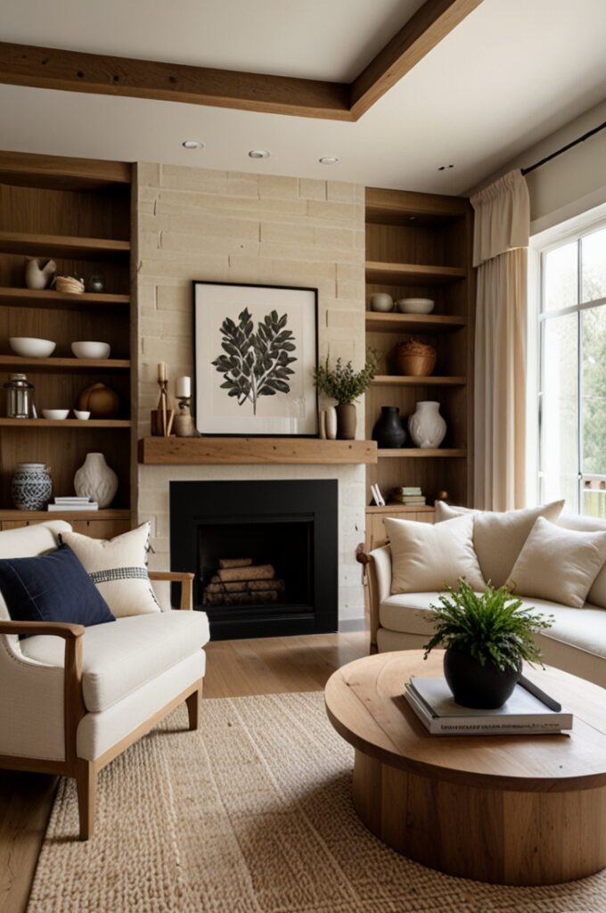 living room featuring creamy white matte walls that reflect natural daylight, creating a bright and spacious feel. The floor is made of medium-toned oak hardwood with visible grain and warm undertones. A Scandinavian-inspired oak coffee table with clean lines and a smooth finish sits centrally on a natural woven jute rug with subtle texture. Matching oak open shelving units display minimalist decor and small potted plants, adding organic charm. Two cream upholstered chairs with gently curved backs and wooden legs face the coffee table, blending softness with natural wood elements. Wicker baskets with textured weaves are placed near the shelving for additional warmth and layered texture. Exposed oak ceiling beams add architectural interest overhead, completing the harmonious cream and oak combination that evokes a cozy, grounded, and nature-inspired atmosphere.