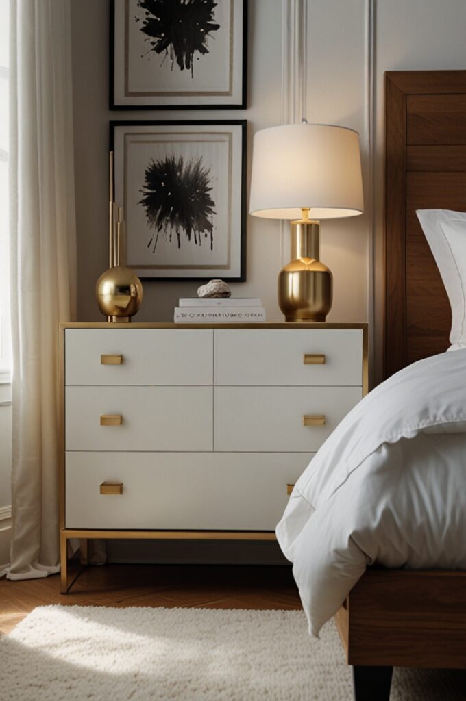 bedroom interior featuring crisp white walls with a smooth matte finish. The bed is made with pure white linens, including a neatly folded duvet and simple white pillows that create a clean, serene foundation. Furniture includes a white dresser and nightstands with sleek, modern lines and gold drawer pulls that add subtle elegance. Above the dresser hangs a slim rectangular mirror framed in polished gold metal, reflecting soft natural light from a nearby window. On each nightstand sits a slender brass bedside lamp with a minimalist cylindrical white shade, casting warm, gentle light. The floor is light-colored hardwood with a simple white area rug beside the bed, enhancing the room’s airy and uncluttered feel. Every gold accent is intentionally placed to stand out against the white backdrop, creating a fresh, calming, and effortlessly chic atmosphere in a small, modern bedroom.
