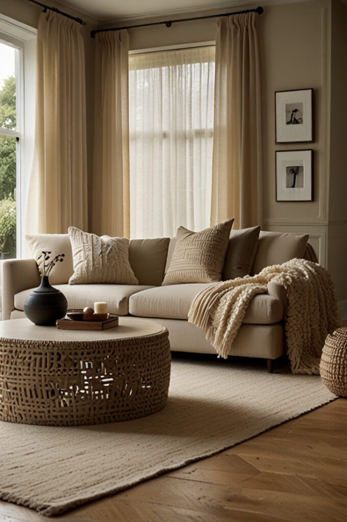 living room with creamy matte-finished walls that create a warm, serene backdrop. A taupe upholstered sofa with deep cushions and clean lines anchors the space, layered with textured ivory throw pillows and a soft gray knit blanket draped casually over one arm. A beige area rug with a subtle woven pattern covers the pale oak wood flooring, providing gentle contrast and warmth. Pale wood furniture, including a minimalist coffee table and sideboard, adds natural texture and softness. Warm white drapery in lightweight fabric frames tall windows, allowing diffused daylight to fill the room. Neutral ceramic vases in soft beige and ivory tones are arranged on the sideboard, while a pair of brushed nickel lamps with simple cream shades offer balanced lighting on either side of the sofa. The overall aesthetic is quiet and sophisticated, with layered neutrals creating a calming, elegant atmosphere rooted in understated beauty and comfort.