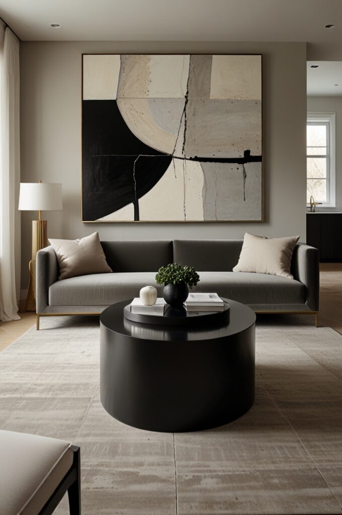 modern living room with crisp cream satin-finished walls that reflect soft, natural light. A low-profile cream leather sectional sofa with clean, structured lines sits centered in the space, complemented by a matte black rectangular coffee table with sharp edges and a minimalist design. On the wall above the sofa, large abstract artwork in layered grayscale tones adds a bold focal point. The floor is smooth polished concrete in a light gray tone. A single sculptural ceramic vase in matte white is placed on the coffee table, and a sleek modern brass floor lamp with a curved neck and dome shade stands in the corner, adding a touch of warmth. The room is free of clutter, showcasing a minimalist aesthetic with a monochrome palette of cream, off-white, beige, black, and gray, creating a sophisticated and contemporary atmosphere.