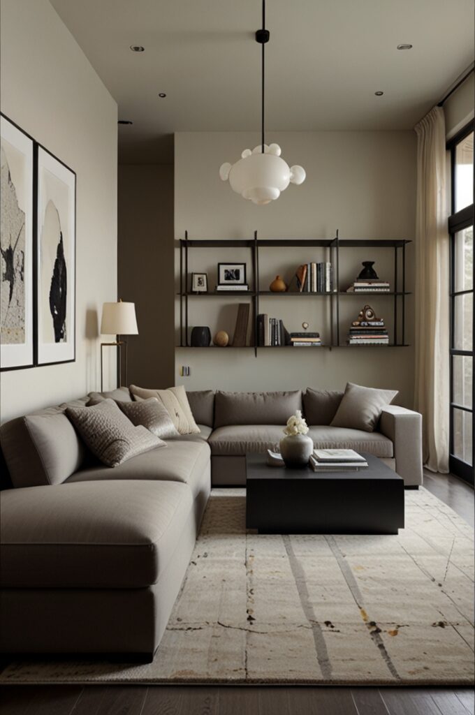 urban living room styled in a sleek cream palette with a modern, space-maximizing layout. Cream-colored walls with a smooth satin finish reflect soft daylight streaming through tall, industrial-style windows framed in matte black metal. A modular cream sectional with crisp, low-profile lines wraps around the corner of the room, paired with a rectangular storage ottoman in matching upholstery that doubles as a coffee table.

The space incorporates contemporary materials: a floating glass shelf mounted on the side wall displays a minimal arrangement of books and ceramics, while a chrome floor lamp with a slender arched arm curves elegantly above the seating area. The floor is polished concrete, softened by a light cream geometric rug with subtle texture.

A gallery wall of black-and-white photography in thin black frames spans one side of the room, creating contrast and visual rhythm without clutter. An abstract canvas in monochrome tones anchors the opposite wall, bringing bold character to the space. The room’s design balances clean lines, soft neutrals, and reflective surfaces to feel bright, spacious, and effortlessly chic—perfect for modern urban living.
