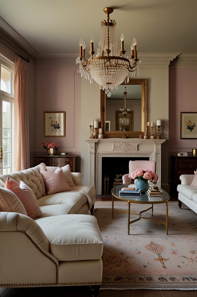 vintage-inspired living room with walls painted in a soft cream hue that provides a warm, inviting foundation. The centerpiece is a traditional cream Chesterfield sofa featuring deep button tufting, rolled arms, and ornately carved dark wood legs with subtle gold accents. Above, a gleaming crystal chandelier with antique brass fittings hangs from a decorative ceiling medallion, casting soft, warm light. Antique gold-framed mirrors with intricate detailing adorn the walls, reflecting light and enhancing the sense of space. The floor is covered by a Persian-style rug in faded pastel hues of blush, dusty blue, and muted gold, displaying an intricate floral pattern with a worn, vintage texture. Soft throw pillows with delicate embroidery and subtle fringes in pale pinks and creams are arranged on the sofa, adding a touch of softness and color. The overall atmosphere radiates timeless elegance, Old World charm, and faded luxury through rich textures and ornate detailing.