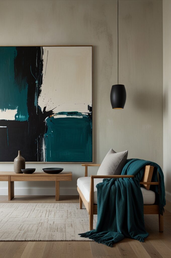contemporary interior showcasing a gallery-white wall with a large, oversized abstract painting as the focal point. The artwork features bold brushstrokes and layered textures in varying shades of teal, ranging from deep ocean blue-green to soft aqua, with subtle accents of charcoal and muted cream. The canvas is unframed and mounted cleanly, spanning nearly the height of the wall for dramatic visual impact. The surrounding space is minimal, with a light oak wood floor and no additional wall decor. A low, modern bench with a natural linen cushion and thin black metal legs sits beneath the artwork. Nearby, a small pedestal holds a simple ceramic sculpture in off-white. Natural light enters from a tall window with sheer curtains, casting soft shadows and highlighting the rich teal tones in the painting. The overall scene feels intentional, refined, and full of personality through the power of a single bold piece.
