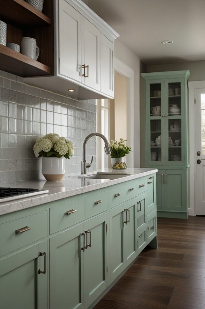 classic kitchen featuring a split-tone design with crisp white upper cabinets and soft mint green lower cabinets. The upper cabinets have smooth, flat-panel doors with polished chrome handles, while the lower cabinets feature shaker-style doors with matching chrome pulls. The backsplash consists of glossy white subway tiles arranged in a traditional brick pattern with light gray grout, extending from the countertop to the underside of the upper cabinets.

Countertops are bright white quartz with a subtle matte finish and squared edges. A large farmhouse sink in white porcelain is installed beneath a window framed in white trim, fitted with a sleek chrome bridge faucet. Stainless steel appliances, including a built-in oven and a refrigerator, integrate seamlessly with the cabinetry. The flooring is medium-toned hardwood with a satin finish, adding warmth to the otherwise fresh and clean palette.

A mint green island with a white quartz countertop stands in the center, featuring simple chrome hardware and providing additional workspace. Minimalist chrome pendant lights hang above the island, casting soft light across the kitchen. The overall atmosphere is timeless, bright, and impeccably clean, with the classic white and mint combination creating a balanced and elegant space.