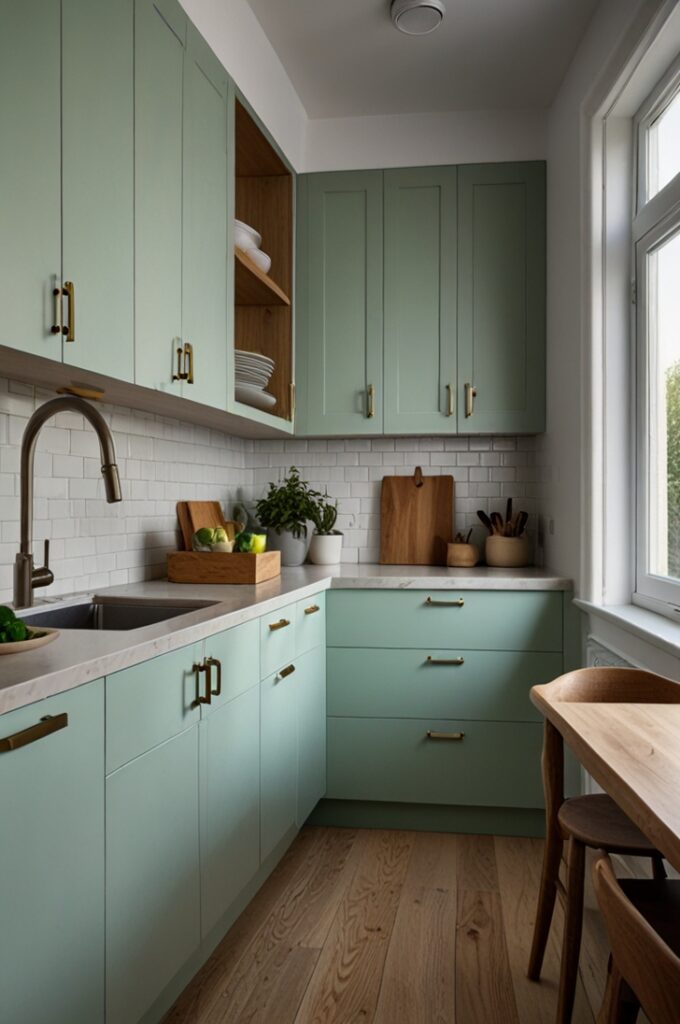 compact kitchen designed to maximize space and charm. The upper cabinets are painted in a soft mint green with a smooth matte finish and simple brass knobs, drawing the eye upward and creating a light, airy feel. These cabinets are mounted on crisp white walls, enhancing the contrast and making the mint color stand out.

The lower cabinets are pure white with flat-panel doors and subtle brushed nickel handles, keeping the base of the kitchen clean and unobtrusive. The countertops are light gray quartz with a soft matte texture and squared edges. The backsplash is composed of small white ceramic tiles arranged in a classic brick pattern with light gray grout lines, adding subtle texture without overwhelming the space.

A narrow under-mount stainless steel sink with a compact chrome faucet sits below a small window framed in white wood, allowing natural light to brighten the room. The kitchen includes a slim stainless steel stove and a compact under-counter fridge, both seamlessly integrated into the cabinetry. Open shelving in natural wood is mounted at one end of the upper cabinets, displaying neatly stacked white dishware and a few small potted herbs.

The floor is made of pale oak planks laid in a linear pattern, visually elongating the space. A small woven jute rug rests in front of the sink. The overall feel is smart, cheerful, and space-efficient, with mint green providing a refreshing pop of color in an elegant, well-organized small kitchen.
