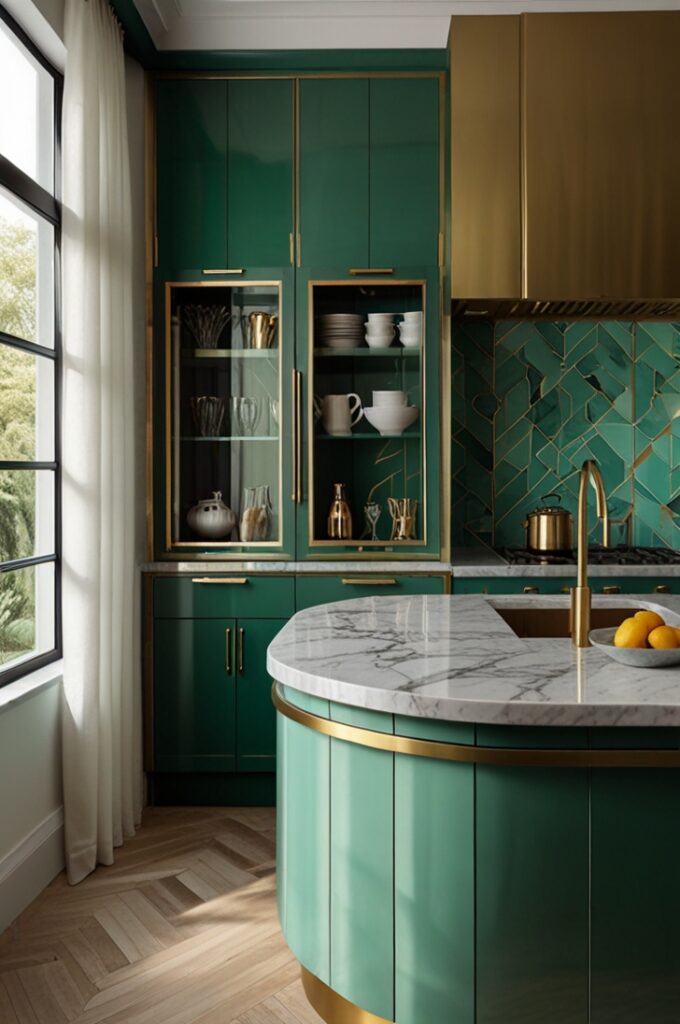 glamorous kitchen inspired by Art Deco style, featuring high-gloss mint green cabinets with a sleek, reflective surface that catches the light beautifully. The cabinetry has flat-panel doors adorned with polished brass handles and accents, adding luxurious warmth and elegance. The countertops are pristine white quartz with subtle shimmer, featuring clean, sharp edges that enhance the refined look.

The backsplash is made of white ceramic tiles arranged in a bold geometric pattern with brass inlays that create a striking contrast and add visual interest. Above the countertops, under-cabinet lighting softly illuminates the glossy surfaces and intricate backsplash design. The kitchen island matches the high-gloss mint cabinetry and is topped with the same white quartz, featuring a built-in brass sink with an elegant, curved brass faucet.

The floor consists of large, glossy white marble tiles with delicate gray veining, reflecting the light and amplifying the glamorous atmosphere. A pair of vintage-inspired brass and emerald green velvet bar stools sit at the island, their curved backs and tapered legs embodying Art Deco sophistication. Large windows framed in black metal let in natural light, enhancing the sparkling finishes and vibrant mint tones. The overall effect is a dazzling, sophisticated kitchen that perfectly balances bold mint green with warm brass details and crisp white surfaces.