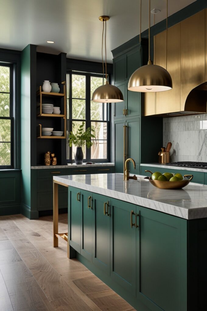 luxurious kitchen featuring deep mint green cabinetry with a rich, matte finish. The cabinets have flat-panel doors adorned with polished gold handles that catch the light elegantly. The countertops are smooth white marble with subtle gray veining, providing a refined contrast to the dark mint tones. A large central island matches the cabinetry with the same deep mint finish and white marble waterfall countertop.

Gold fixtures include a sleek, curved faucet above a white undermount sink, and three pendant lights hanging above the island. The pendant lights have cylindrical frosted glass shades encased in delicate gold frames, casting a warm, inviting glow. The backsplash consists of glossy white elongated subway tiles laid in a horizontal brick pattern, reflecting soft light and enhancing the clean look.

The floor features wide-plank natural wood with a medium walnut stain, adding warmth and grounding the sophisticated color palette. Stainless steel appliances blend subtly into the cabinetry. Large windows framed in black metal allow natural light to flood the space, highlighting the interplay of deep mint and shimmering gold accents. The overall ambiance is elegant, modern, and richly textured, balancing cool green hues with warm metallic touches.