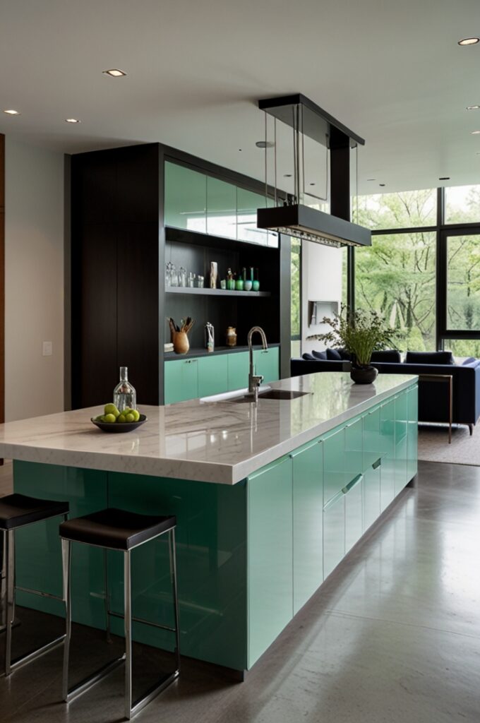  luxurious kitchen featuring high-gloss lacquered mint green cabinets with flat-panel doors and integrated handles. The reflective finish bounces natural light throughout the space, creating a bright, expansive atmosphere. Floor-to-ceiling cabinetry lines one wall, while a wide central island in the same high-gloss mint serves as a statement piece, topped with crisp white quartz featuring sharp edges and a seamless surface.

The backsplash is a full-height slab of polished white quartz, matching the countertops for a clean, continuous look. Stainless steel appliances, including a built-in oven and induction cooktop, are flush with the cabinetry. The sink is placed on the back counter beneath a large black-framed window that brings in soft natural light. A minimalist chrome faucet arcs over the white undermount sink.

The floor is made of pale polished concrete, smooth and subtly reflective, enhancing the high-end aesthetic. The island is styled with a simple clear glass vase holding green branches and a few white sculptural bowls. Recessed lighting in the ceiling provides soft, ambient illumination. The overall mood is bold, modern, and refined, with mint green lacquer as the stunning centerpiece.
