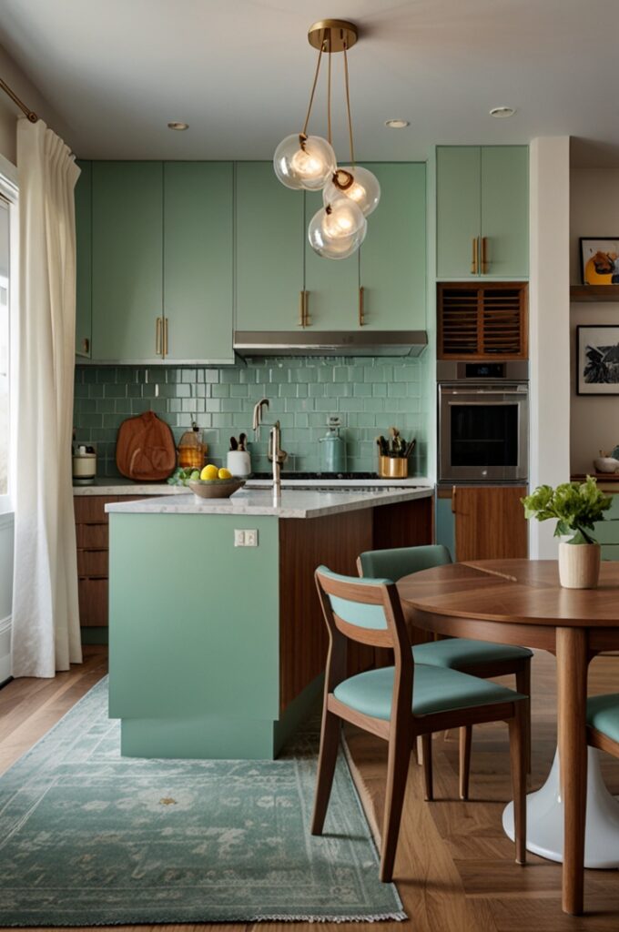 mid-century modern kitchen featuring sleek mint green cabinetry with a smooth satin finish and flat-panel doors. The cabinets are accented with long, narrow brushed metal pulls in a polished silver tone, enhancing the clean-lined aesthetic. The layout is open and geometric, with a central peninsula that mirrors the cabinetry’s mint tone and is topped with solid white quartz counters featuring sharp, squared edges.

Above the peninsula hangs a statement atomic-style chandelier with brass spokes and exposed globe bulbs, casting warm light across the space. The upper cabinetry is minimal, allowing open teak wood shelving to take center stage. These floating shelves display vintage glassware, sculptural ceramics, and mid-century crockery in muted earth tones.

The backsplash is made of glossy white rectangular tiles laid vertically in a stacked pattern, adding modern rhythm to the retro-inspired design. A stainless steel oven and stovetop are built into the cabinetry, with a slim retro-inspired range hood in brushed metal above.

A round teak dining table with angled legs sits to the side, paired with low-backed dining chairs upholstered in muted mustard fabric. The flooring is made of narrow walnut planks in a satin finish, extending warmth and period authenticity. Large windows framed in wood bring in natural light, completing the look. The overall design is fresh, stylish, and rooted in mid-century sophistication with mint green as a subtle, defining accent.