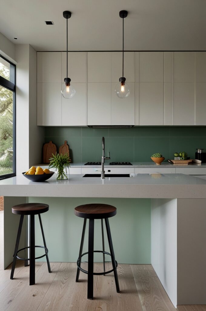 a minimalist kitchen with a serene and airy aesthetic. The space is defined by clean lines, a neutral palette, and subtle use of mint green for contrast. A single mint green feature wall serves as the focal point, painted in a soft, matte finish that brings gentle color without overwhelming the space. The rest of the walls are bright white, matching the sleek, handleless white cabinetry that lines one side of the kitchen. In the center stands a mint green island with a smooth satin finish, sharp corners, and a white quartz countertop that extends slightly beyond the edges for a streamlined look. The island includes minimalist storage drawers and a built-in induction cooktop with touch controls. A slim stainless steel faucet rises from the quartz surface above an integrated sink. The floor is polished light concrete, reflecting natural light that floods in from a large floor-to-ceiling window framed in thin black metal. No visible upper cabinets, pendant lights, or clutter are present—only a few carefully placed items, such as a white ceramic bowl with lemons and a single glass carafe, rest on the island to maintain the minimalist aesthetic. The overall effect is crisp, balanced, and beautifully restrained.