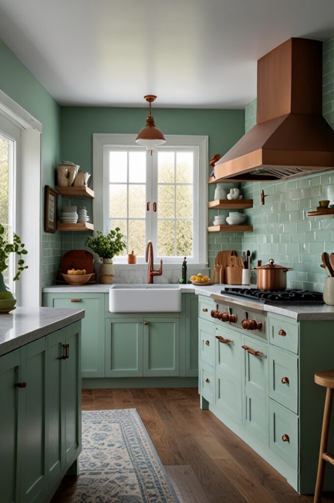 sophisticated kitchen featuring soft mint green cabinetry with a matte finish and flat-panel doors. The cabinets are accented with sleek, curved copper handles that shimmer warmly against the cool mint surface. The countertops are bright white quartz with a subtle satin sheen and straight edges, adding a clean, modern touch.

Above the central island hang two pendant lights with hammered copper shades, suspended from thin black cords, casting a soft, warm glow onto the island surface below. The island matches the main cabinetry in mint green and includes a deep white farmhouse sink with a tall, arched copper faucet.

Copper pots and pans hang from a mounted rail on the backsplash wall, which is covered in classic white subway tiles with light gray grout, creating a timeless backdrop. Open shelves made of light wood are mounted beside the upper cabinets, displaying neutral dishware, small mint bowls, and a few green herbs in white ceramic pots.

The appliances are stainless steel, blending seamlessly into the layout. The floor is natural oak in a herringbone pattern, bringing warmth and texture. A large window with white trim lets in soft daylight, illuminating the mint and copper tones. The overall design is elegant and balanced, with the warm, metallic accents enhancing the calm freshness of mint green throughout the space.
