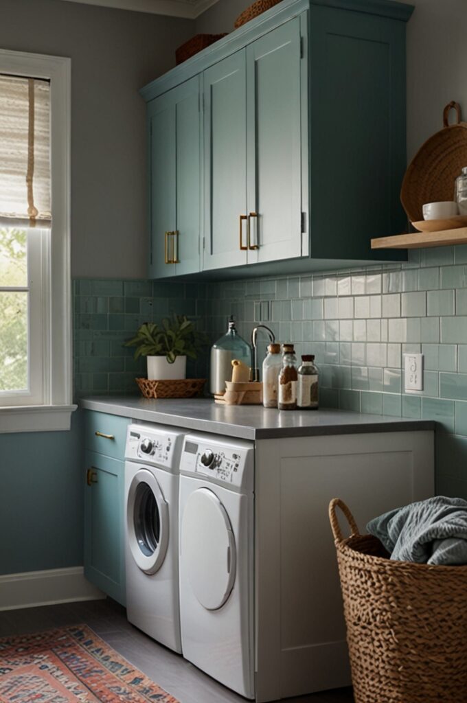 modern laundry room featuring sleek built-in teal cabinetry with flat-front doors and matte brass handles, painted in a rich, fresh shade of teal that adds vibrancy to the space. The upper and lower cabinets frame a white quartz countertop with soft gray veining, providing a clean, functional workspace. Above the counter, a white subway tile backsplash with dark grout adds contrast and texture. A front-loading washer and dryer in white are built into the lower cabinetry, seamlessly integrated into the layout. The floor features patterned ceramic tiles in a soft gray and white Moroccan-inspired motif, bringing subtle character and visual interest. A woven basket with folded towels rests in the corner, and a single potted plant sits on the countertop near the window, where natural light filters in through sheer white curtains. The teal cabinetry anchors the room with color, transforming the utilitarian space into a cheerful, polished environment.