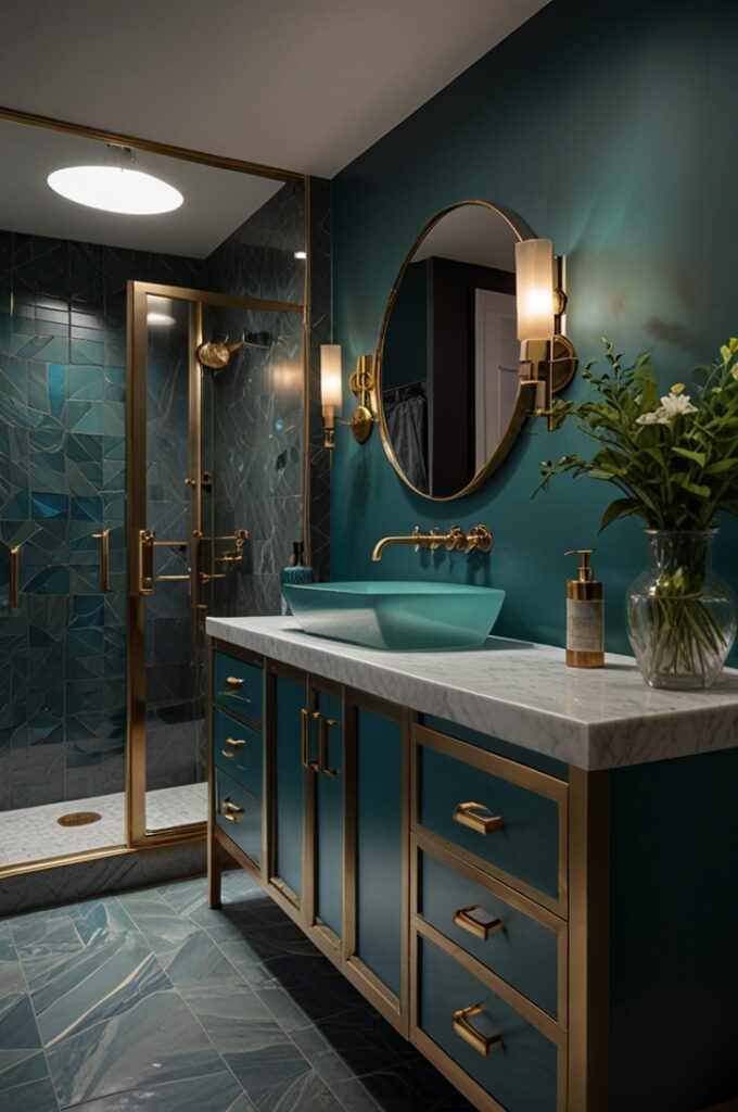 monochrome teal powder room where every surface is coated in rich, matte teal paint, including the walls, ceiling, and custom vanity with clean, angular lines. The deep, saturated color creates an immersive, jewel-box effect. The vanity features a white marble countertop with subtle gray veining and a modern vessel sink. Above the sink hangs a large round mirror with a thin, polished gold frame that reflects warm light from a pair of slim gold wall sconces with frosted glass shades flanking it. The floor is laid with small teal hexagon tiles, subtly varied in tone to add depth and texture. A gold faucet and matching hardware, including towel rings and cabinet pulls, add elegant contrast. A single tall vase with fresh greenery sits on the vanity, bringing a touch of organic softness to the moody, luxurious space.

