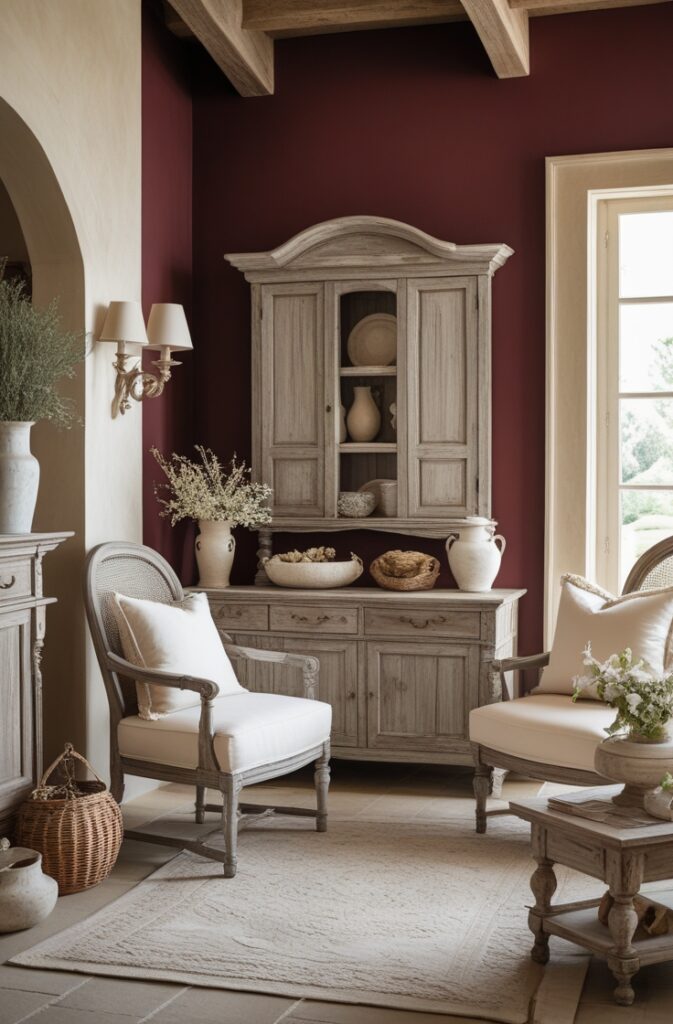 Coastal French country interior with warm Bordeaux walls, driftwood gray weathered wooden furniture and accents, cream textiles and trim, soft natural light, rustic vintage details, balanced warm and cool tones, relaxed and elegant atmosphere
