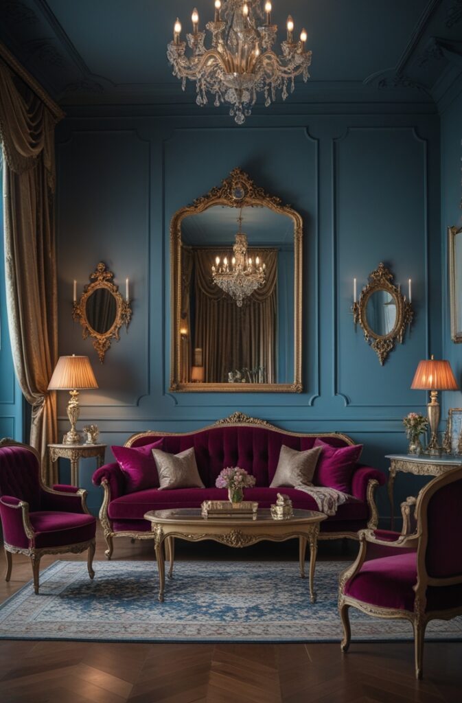 Luxurious vintage living room with dusty blue walls, burgundy velvet furniture and drapery, champagne-gold accents in lighting and decor, soft ambient lighting, ornate antique furnishings, rich textures, elegant and opulent atmosphere, harmonious blend of cool, deep, and warm tones
