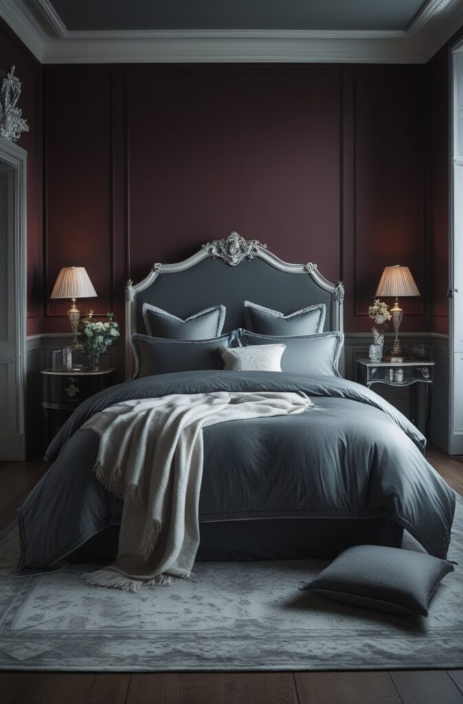 Moody elegant bedroom with deep Bordeaux walls, slate gray bedding and furniture, porcelain white trim and textiles, soft diffused lighting, classic vintage decor, rich and subdued color palette, refined atmosphere with layered textures and dramatic depth