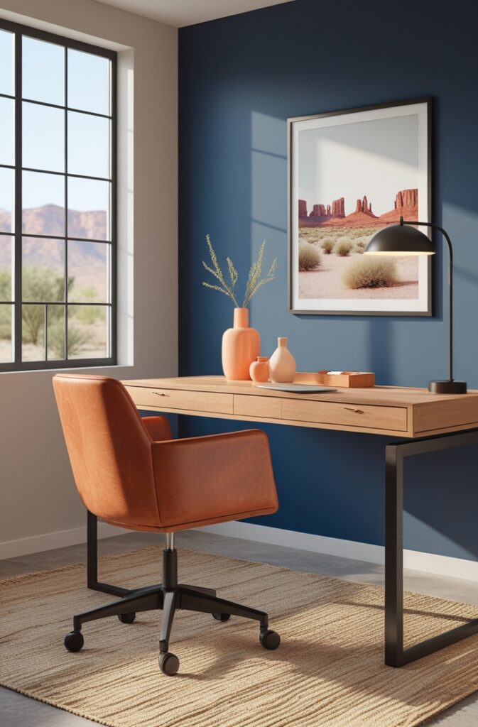 Photorealistic, Contemporary office with one midnight blue accent wall, sleek wooden desk topped with minimalist peach accessories including a ceramic vase and desk organizer, rust leather swivel chair with clean lines, light neutral walls surrounding the accent, large window letting in natural light, textured beige rug underfoot, modern black metal floor lamp casting warm light, simple framed desert landscape print on adjacent wall.