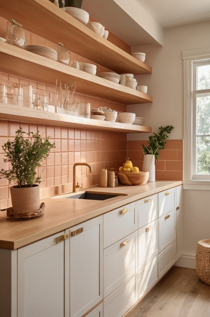 airy peach kitchen, viewed from a slightly elevated, angled perspective near the corner to showcase cabinetry and countertop. The lower cabinets are painted in a soft, muted peach with a smooth matte finish, featuring brushed gold hardware with sleek, minimalist handles. Upper cabinets are crisp white with flat panels, creating a bright, open feel. The countertop is light stone with subtle veining, extending into a breakfast bar.

Three woven rattan stools with natural wooden legs are neatly aligned along the bar. Open wooden shelves mounted on the wall hold small terra cotta pots filled with fresh green herbs like basil and rosemary, adding a lively touch. The backsplash is white subway tile with clean grout lines. Sunlight streams in from large, unseen windows, casting soft natural light across the space. The floor is pale hardwood, complementing the warm tones. Overall, the kitchen feels fresh, breezy, and inviting, balancing peach warmth with airy brightness.