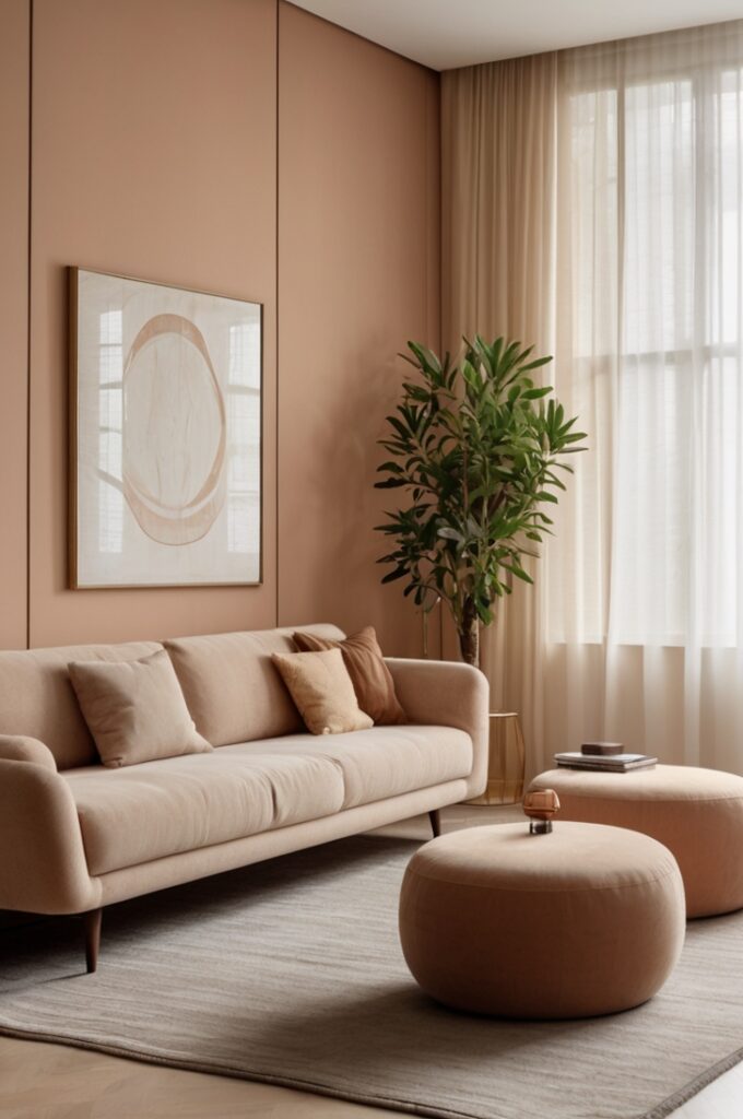 living room corner featuring peach velvet upholstery, viewed from a low, angled perspective that highlights texture and light play. The centerpiece is a plush peach velvet armchair with rounded arms and a deep seat cushion, exhibiting a soft sheen that catches natural light. The chair stands on slender brass legs with a polished finish, adding a touch of elegance.

Behind the chair, the walls are painted in a neutral light beige with a smooth matte finish, creating a calm backdrop. The floor is light oak wood with a subtle grain pattern, warmed by a soft cream area rug beneath the chair. Next to the armchair is a small round side table with a brushed brass base and a white marble top, holding a minimalist ceramic vase with fresh eucalyptus branches. The overall atmosphere feels cozy and sophisticated, where the tactile richness of peach velvet and warm brass accents invite relaxation and understated luxury.

