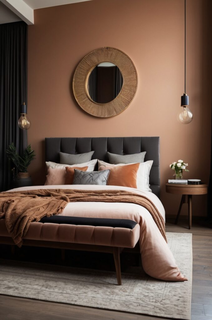 moody peach accent wall in a bedroom, viewed from a low, angled perspective near the foot of the bed, showcasing the contrast and texture. The focal wall is painted in a deep desert rose peach tone with a matte finish that absorbs soft light. Against this wall stands a charcoal upholstered bed with a tall, tufted headboard and crisp, dark gray bedding layered with velvet pillows in muted peach and charcoal shades. A chunky knit throw in a warm taupe color is draped casually over the foot of the bed.

On each side of the bed are walnut wood nightstands with clean lines and natural wood grain. Above one nightstand hangs a black-framed abstract art piece with hints of peach and gold. Dramatic floor-length curtains in rich charcoal velvet frame a tall window, partially drawn to let in dim, warm light. A round gold globe pendant light hangs low near the bed, casting a soft glow that highlights the rich textures. The floor is dark hardwood, partially covered by a thick, neutral-toned rug. The overall atmosphere is intimate, cozy, and inviting, perfect for quiet relaxation.