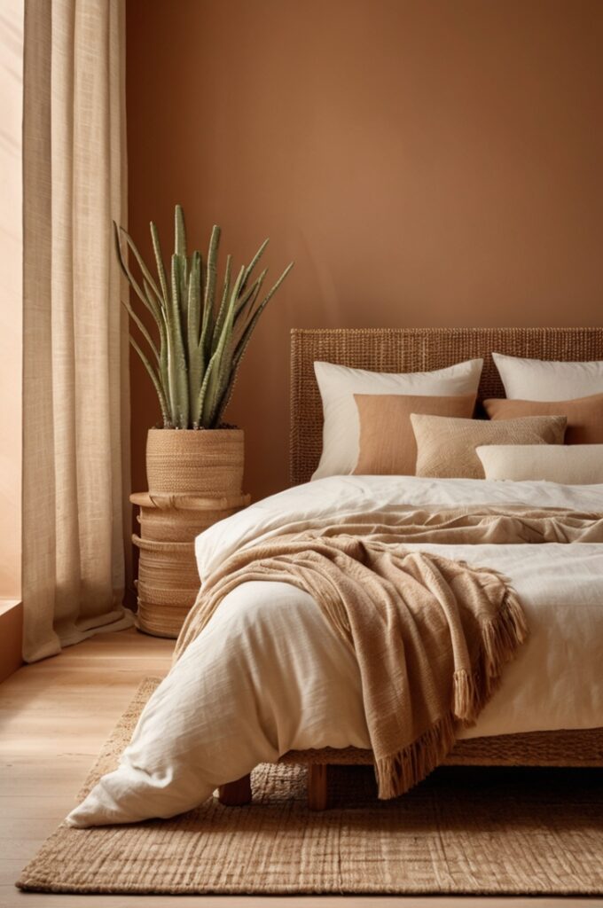 desert-inspired peach bedroom, viewed from a low, diagonal angle near the foot of the bed, showcasing the earthy textures and warm palette. The walls are painted in a dusty peach tone with a matte finish, creating a soft, sun-washed backdrop. The bed is centered against the main wall, featuring a woven rattan headboard with natural texture. The bedding is layered with clay-toned linen sheets, ivory pillowcases, and a sand-colored throw blanket casually draped at the foot.

To the left of the bed stands a rustic wooden nightstand holding a small ceramic pot with dried pampas grass. On the right, a larger ceramic jug sits on the floor beside a tall potted cactus in a textured clay planter. A thick ivory shag rug anchors the space on the light wooden floor, adding softness underfoot. Above the bed hangs a minimal, earth-toned abstract print in a light wood frame. Natural light filters in through simple gauze curtains, completing the serene, desert-inspired atmosphere. The room feels grounded, warm, and effortlessly tranquil.