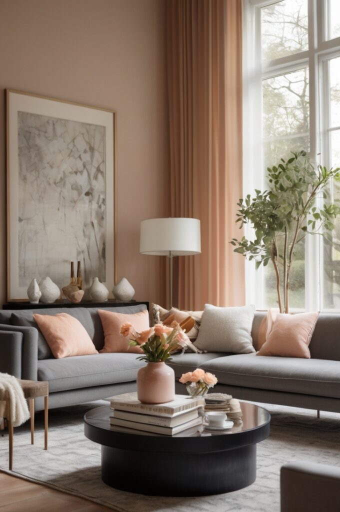 chic peach and gray living room, viewed from a wide, eye-level corner perspective that captures the entire seating area and surrounding decor. The two main walls are painted in a pale peach shade with a smooth matte finish, creating a soft and modern backdrop. Centered in the room is a large charcoal gray sofa with clean lines and plush cushions, positioned on a pale gray textured rug over a light wood floor.

The sofa is styled with decorative cushions in a mix of peach and gray geometric and floral prints. In front of the sofa stands a sleek glass coffee table with a mirrored base, holding silver candle holders and a small stack of art books. To the left of the sofa is a tall floor lamp with a thin chrome base and a white fabric shade. Sheer, neutral-toned drapery hangs from a brushed silver rod over tall windows, allowing soft light to gently fill the room. A minimalist abstract painting in soft peach, gray, and white hues hangs above the sofa. The overall atmosphere is calm, polished, and fashion-forward, with perfect balance between warmth and sophistication.