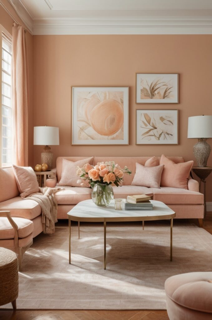 peach gallery wall, viewed from a straight-on eye-level perspective that centers the entire wall and furniture beneath it. The gallery wall features a curated arrangement of artwork, prints, and photographs, each framed in light natural wood or crisp white frames. The art includes peach-themed pieces with soft peach mats, abstract peach brushstrokes, delicate floral prints, and subtle peach accents that unify the collection.

Beneath the gallery, a peach-hued console table with clean lines and a matte finish holds a small stack of books, a white ceramic vase with fresh greenery, and a peach glass candle holder. Alternatively, the wall could be above a peach velvet sofa with plush cushions in coordinating shades. The surrounding walls are painted soft white to keep the space bright and airy. Natural light filters through sheer curtains nearby, enhancing the warm, inviting atmosphere created by the peach gallery display. The overall composition is stylish, personal, and perfectly balanced between color and calm.