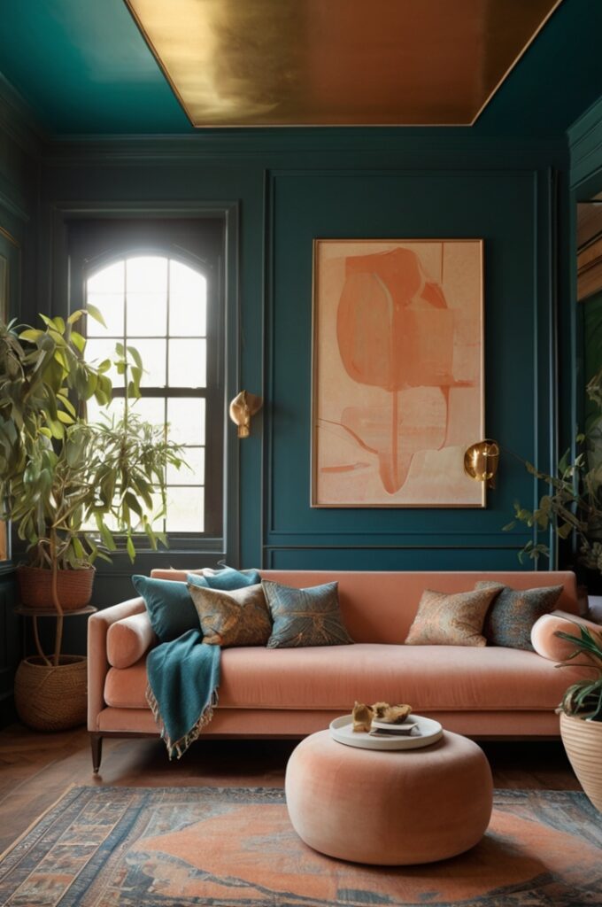 eclectic peach and teal room, viewed from a low, wide-angle perspective near the corner to capture the vibrant color contrast and layered textures. One wall is painted in a soft peach shade with a smooth matte finish, serving as a warm backdrop. Against this wall sits a deep teal velvet sofa with plush cushions and sleek modern lines. The sofa is adorned with patterned throw pillows featuring abstract and tribal designs in peach, teal, cream, and gold tones.

In front of the sofa stands an antique wooden coffee table with a rich dark finish and carved legs, topped with a few vintage books and a small ceramic vase. The floor is covered by a large tribal-patterned rug in coordinating peach and teal hues, adding bold texture and movement. Hanging from the ceiling is a minimalist black metal pendant light with a simple geometric shape. On the peach wall, two framed artworks combine teal and peach colors in abstract designs, uniting the palette. The overall atmosphere is creative, warm, and inviting with a balance of vintage charm and modern simplicity.