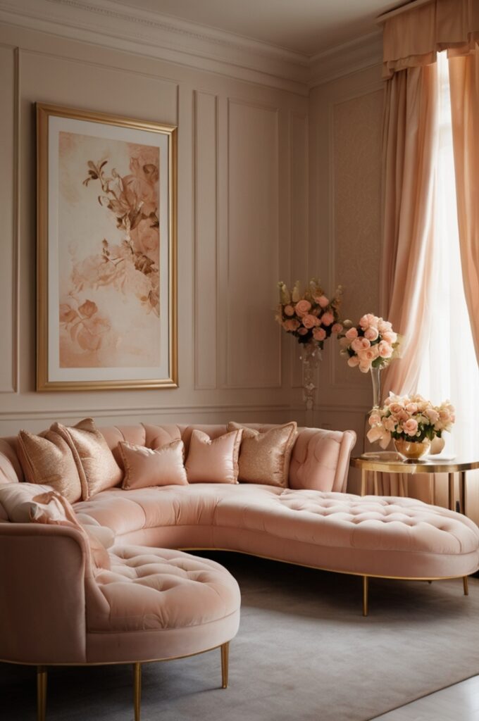 luxe peach glam room, viewed from a slightly elevated angle facing a glamorous corner of the space, showcasing elegant textures and reflective surfaces. Against a soft cream wall stands a peach velvet tufted chaise lounge with graceful curves and gold-tipped legs. The chaise is adorned with a satin peach throw pillow and a delicate blush satin blanket draped across one side.

Behind the chaise, full-length peach drapes in rich velvet frame a tall window, pooling slightly on the glossy white marble floor. Above hangs a large crystal chandelier with layered drops and polished gold detailing, casting a soft sparkle across the room. To the left is a white lacquered side table with a mirrored surface, holding a gold-framed fashion print and a small crystal vase with white roses.

A second fashion print in a thin gold frame hangs on the wall above the chaise. The opposite side features a sleek white console with brass hardware, topped with decorative perfume bottles and stacked fashion books. The space radiates elegance and luxury, wrapped in warm peach tones, shimmering accents, and plush textures.