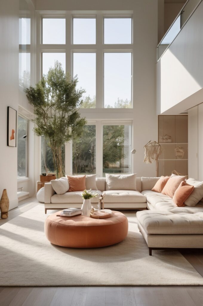 white and peach contrast living room, viewed from a slightly elevated wide-angle perspective that captures the clean, airy space and color balance. The room features crisp white walls and wide-plank white wood flooring with a smooth matte finish, creating a bright and open base. A large white sectional sofa with simple lines occupies the center, topped with minimal white cushions.

To the right, a peach accent chair with a sleek Scandinavian design and light wooden legs adds a soft pop of color. The ceiling is painted in a muted peach tone that subtly draws the eye upward, contrasting gently with the white walls. Sheer peach curtains frame tall windows, filtering natural light into the space. A rectangular peach area rug with a low pile lies beneath the seating, adding warmth and texture without overpowering the minimalist aesthetic. The overall atmosphere is serene, fresh, and balanced, blending ultra-clean white surfaces with soft peach accents for inviting simplicity.
