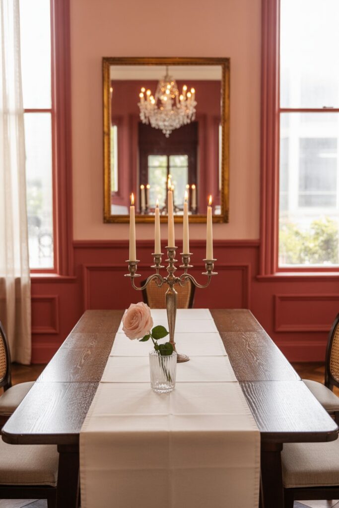 refined dining room featuring deep red wainscoting that covers the lower half of the walls with raised panel molding, painted in a rich matte crimson red. Above the wainscoting, the upper walls are painted a soft pale blush color with a smooth satin finish, creating an airy and open feel. The room includes a rectangular dark wood dining table with a polished surface, surrounded by upholstered dining chairs in a warm beige fabric with dark wood legs. A patterned area rug in muted cream and blush tones lies beneath the table, adding softness underfoot. A large gold-framed mirror hangs centered on one wall above the wainscoting, reflecting light and expanding the space visually. The ceiling is painted crisp white with decorative crown molding. A crystal chandelier with gold accents and multiple candle-style bulbs hangs above the dining table, casting warm, elegant light. The floor is medium-toned hardwood with a natural finish. Large windows with sheer cream curtains allow soft daylight to fill the room, balancing the richness of the red wainscoting with delicate brightness.