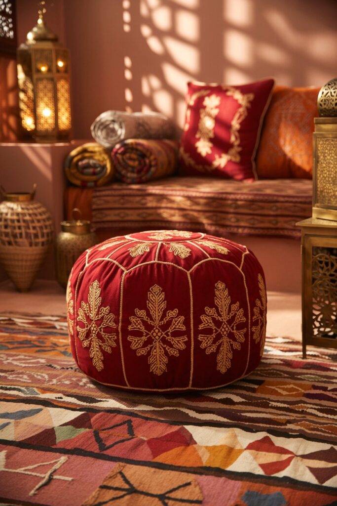 Moroccan-inspired lounge featuring warm earthy reds and oranges. The walls are painted a muted terracotta with subtle texture, creating an inviting backdrop. The floor is layered with multiple kilim rugs in vibrant reds, burnt orange, deep rust, and cream geometric patterns, adding rich texture beneath low seating. Plush floor cushions and poufs in red velvet, leather, and silk fabrics are arranged around a low carved wooden coffee table with intricate inlay details. Ornate brass lanterns with filigree patterns hang from the ceiling and rest on side tables, casting soft, patterned shadows across the space. The seating area is accented with richly embroidered throw pillows featuring traditional Moroccan motifs in red, orange, and gold. Textured walls hold hanging tapestries with intricate designs, and a large woven basket sits near a cozy corner filled with rolled-up textiles. The atmosphere is warm, exotic, and layered with tactile richness, inviting relaxation and conversation.