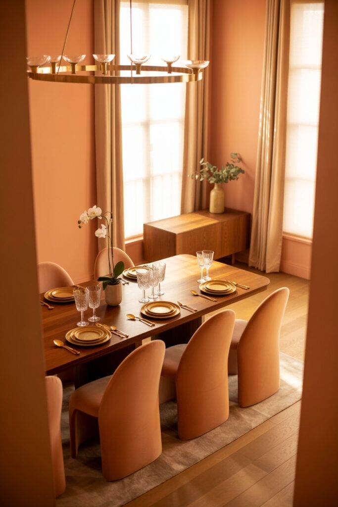 elegant peach dining room, viewed from a slightly elevated angle near a corner to showcase the entire table and seating area. The walls are painted in a dusty peach tone that glows warmly in golden hour light streaming through tall windows covered with soft, neutral-colored drapes. Centered in the room is a solid wood dining table with a rich, natural grain finish. Surrounding the table are sculptural dining chairs upholstered in plush peach-colored velvet with sleek, curved backs and slim black legs.

Above the table hangs a modern brass chandelier featuring multiple slender arms with clear crystal accents that catch and reflect the warm light. The table is set with gold-accented tableware including plates with subtle gold rims, matching cutlery, and crystal glassware. A minimalist wooden sideboard with a smooth surface and matte finish stands against one wall, holding a single elegant vase with fresh greenery. The floor is light hardwood, partially covered by a soft, neutral area rug beneath the table. The overall atmosphere is refined, warm, and inviting, perfect for sophisticated dinner gatherings.
