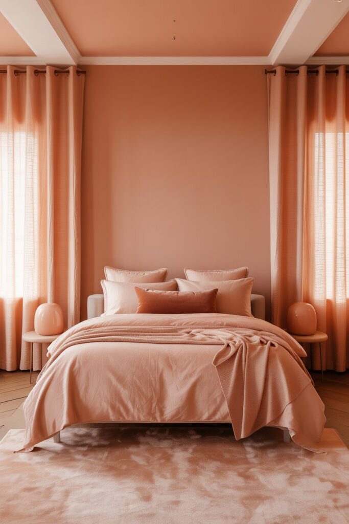 all-peach monochrome bedroom, viewed from a slightly elevated front angle that captures the bed, wall, and window area. The walls are painted in a rich, matte medium peach tone, creating a warm enveloping backdrop. The bed is centered against the main wall with a velvet-upholstered headboard in a slightly deeper peach shade. The bedding consists of layered peach-toned linens, including a light peach duvet, darker peach velvet throw pillows, and a textured knit blanket draped over the foot of the bed.

On either side of the bed are low peach-painted nightstands topped with glossy ceramic lamps in matching tones. The window is dressed with floor-length curtains in a soft peach linen fabric that filters natural light gently into the space. A plush area rug in a pale peach hue softens the light wooden floor. Subtle white trim around the ceiling and window frames adds a delicate break in the color without disrupting the monochrome palette. The overall look is immersive, serene, and bold, with varied textures and peach shades bringing depth and cohesion.