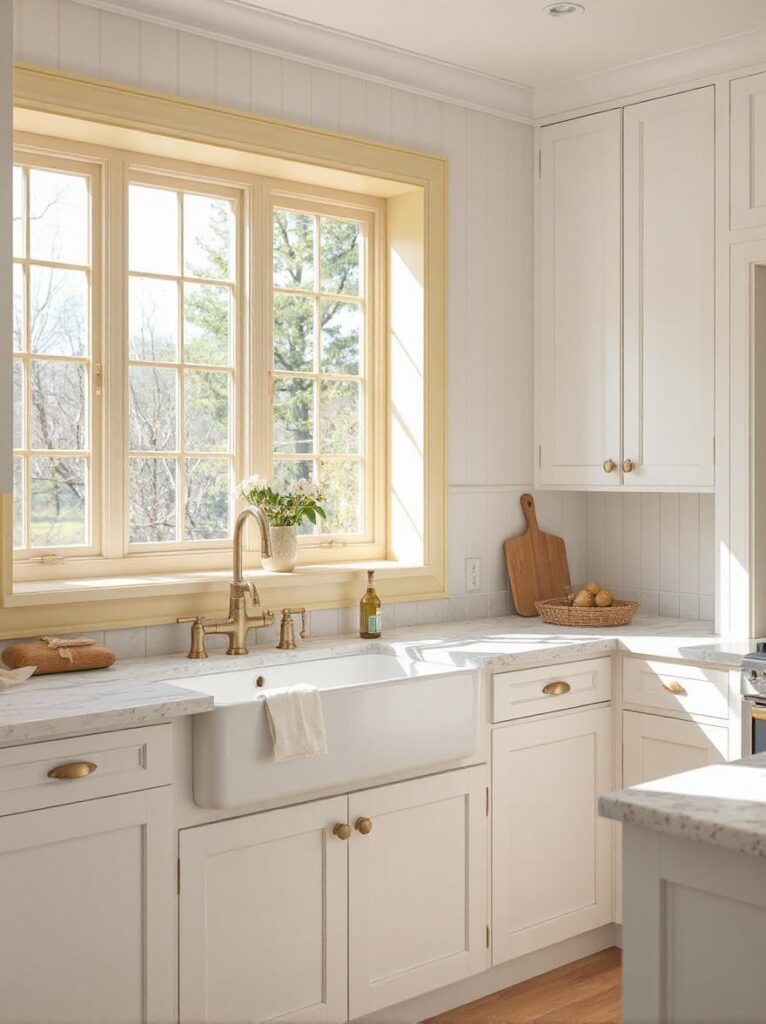 A bright, airy kitchen with large windows framed in soft, buttery yellow paint, adding a cheerful, whimsical touch. The cabinetry is classic white with Shaker-style doors and brass hardware. A farmhouse sink sits beneath the largest window, with a brass bridge faucet and a small vase of daisies on the windowsill. The countertops are light marble with subtle gray veining. The backsplash is white vertical tile, and the floor is light oak hardwood. Sunlight streams through the yellow-framed windows, casting a warm glow across the space. Interior photography, high-resolution, 4K, cozy cottage-inspired kitchen with playful details.