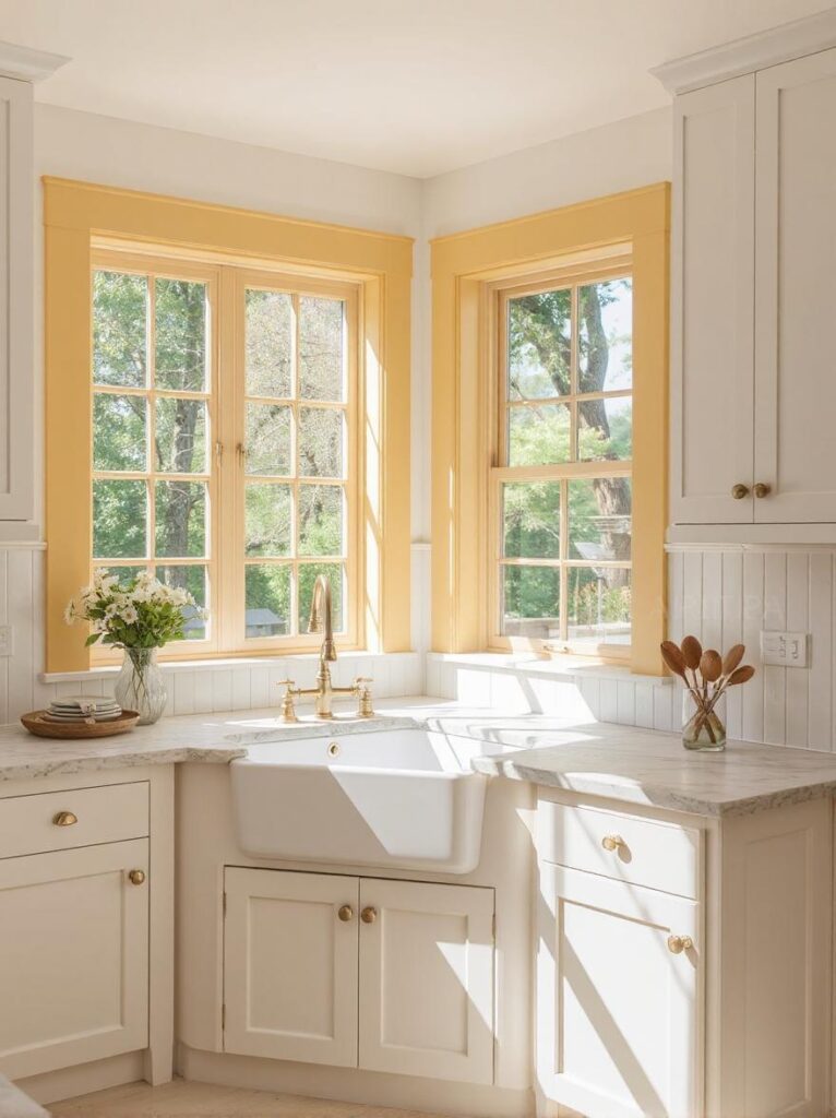 A bright, airy kitchen with large windows framed in soft, buttery yellow paint, adding a cheerful, whimsical touch. The cabinetry is classic white with Shaker-style doors and brass hardware. A farmhouse sink sits beneath the largest window, with a brass bridge faucet and a small vase of daisies on the windowsill. The countertops are light marble with subtle gray veining. The backsplash is white vertical tile, and the floor is light oak hardwood. Sunlight streams through the yellow-framed windows, casting a warm glow across the space. Interior photography, high-resolution, 4K, cozy cottage-inspired kitchen with playful details.
