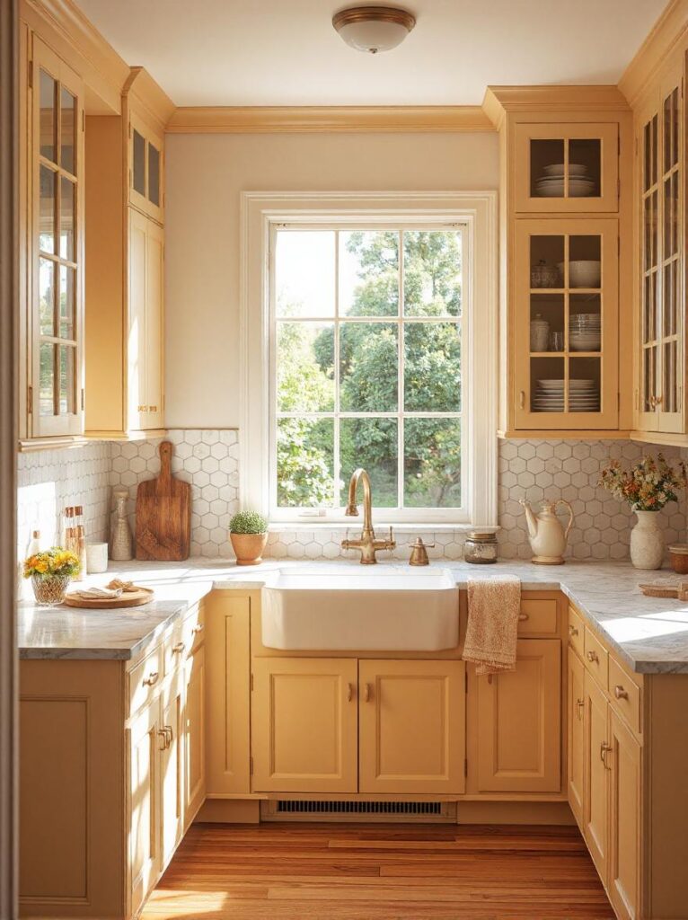A vintage-inspired kitchen featuring pale yellow glass-front upper cabinets with mullioned glass panes, revealing neatly arranged white ceramic dishes and glassware. The lower cabinets are solid pale yellow with antique brass cup pulls. The countertops are white marble with soft gray veining, and the backsplash is made of small white hexagonal tiles. A white farmhouse sink is centered under a large window, and a brass faucet adds a touch of elegance. The floor is natural wood in a warm honey tone. Sunlight streams in, enhancing the soft yellow tones and delicate charm. Interior photography, high-resolution, 4K, refined vintage kitchen with warm, airy atmosphere