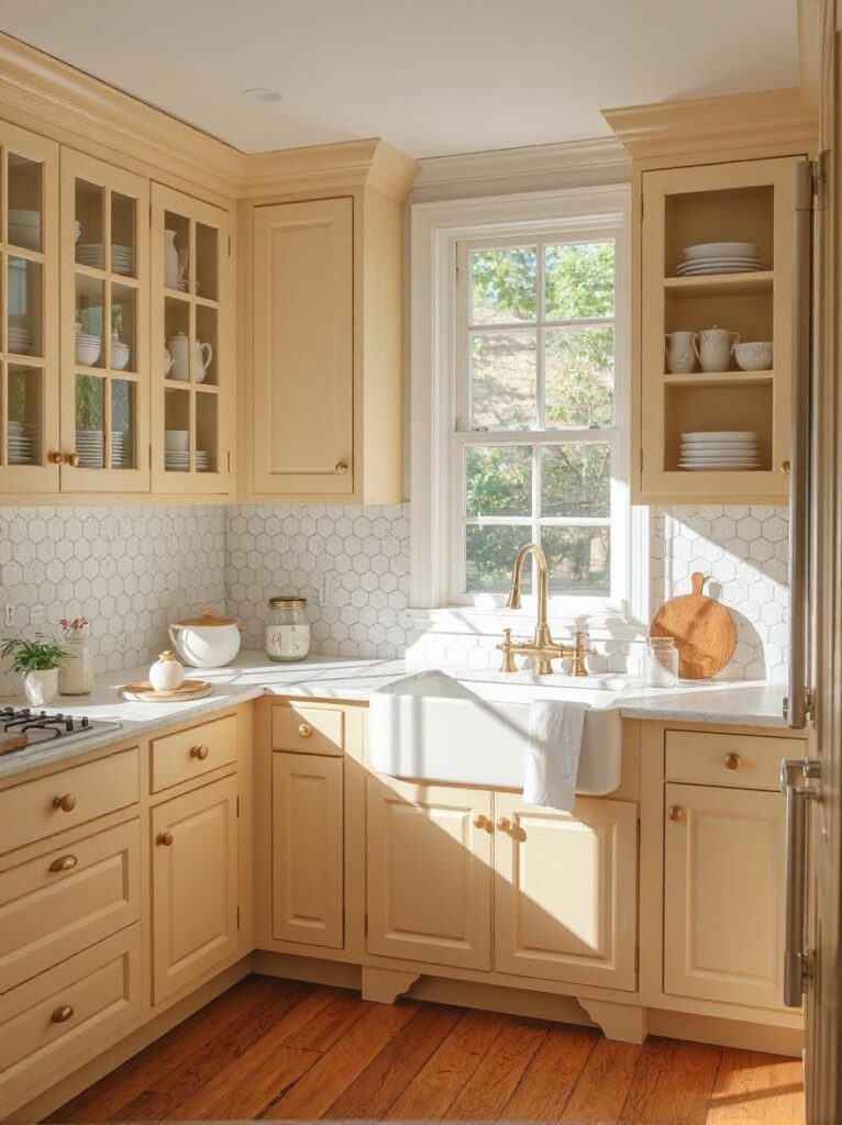 A vintage-inspired kitchen featuring pale yellow glass-front upper cabinets with mullioned glass panes, revealing neatly arranged white ceramic dishes and glassware. The lower cabinets are solid pale yellow with antique brass cup pulls. The countertops are white marble with soft gray veining, and the backsplash is made of small white hexagonal tiles. A white farmhouse sink is centered under a large window, and a brass faucet adds a touch of elegance. The floor is natural wood in a warm honey tone. Sunlight streams in, enhancing the soft yellow tones and delicate charm. Interior photography, high-resolution, 4K, refined vintage kitchen with warm, airy atmosphere