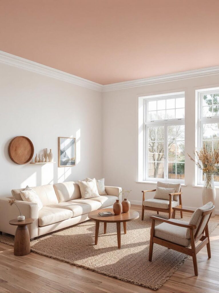 Modern living room with soft blush pink painted ceiling contrasting against crisp white walls. The space features a cream leather sectional sofa, a round oak coffee table, and wooden side chairs with beige cushions. Large windows flood the room with natural light, highlighting the warm ceiling tone. decor includes a textured wool rug and ceramic vases with wild flowers, creating a fresh, inviting atmosphere with subtle blush warmth from above.