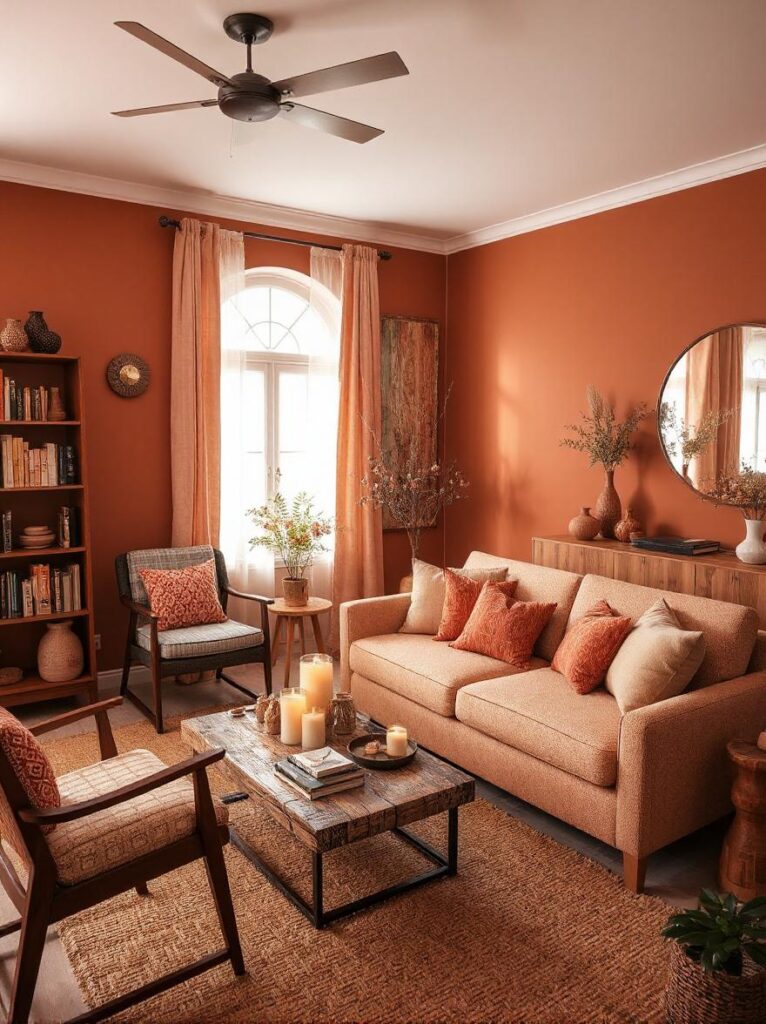 Eclectic boho living room with rust-colored walls and soft peach accents. A peach-toned fabric sofa with layered cream and rust cushions faces a rectangular coffee table topped with candles and ceramic decor. To the left, a low wooden bookshelf filled with books adds texture. A mid-century armchair with a patterned cushion sits beside a tall indoor plant. A soft jute rug anchors the room. Opposite the sofa, a natural wood sideboard holds pottery and dried flowers beneath a large round mirror. Warm ambient light filters through gauzy peach curtains.