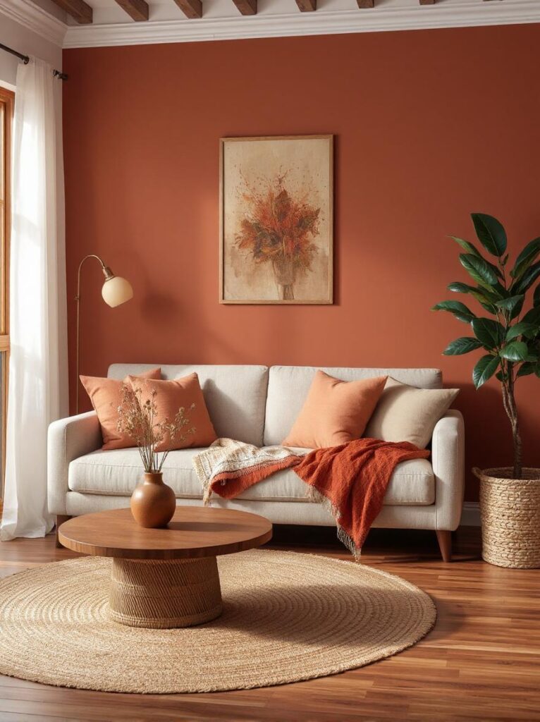 Beautiful boho living room with rust-colored walls, peach throw pillows on a neutral-toned sofa, layered textiles including a soft beige and terracotta blanket, natural jute rug on a wooden floor, round rattan coffee table with a ceramic vase and dried flowers, soft ambient lighting, large leafy indoor plant in a woven basket, wall art in earthy tones.